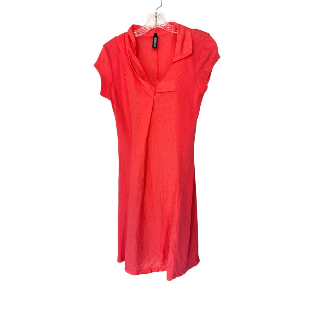 Inizio Pink Short Sleeve V-Neck Lagenlook‎ Coastal Ribbed Linen Dress Small